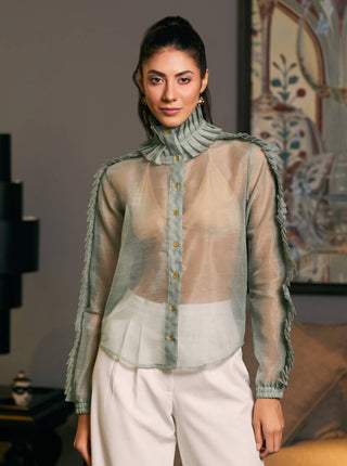 Green Textured Organza Shirt by Siddartha Tytler, available on Indiaspopup.com