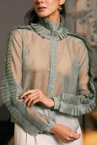 Green Textured Organza Shirt by Siddartha Tytler, available on Indiaspopup.com