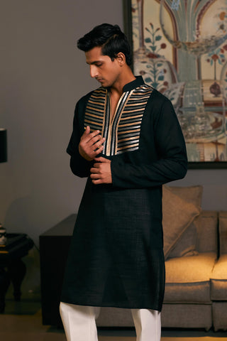 Black Metallic Strip Kurta by Siddartha Tytler Men, available on Indiaspopup.com