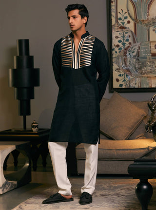 Black Metallic Strip Kurta by Siddartha Tytler Men, available on Indiaspopup.com