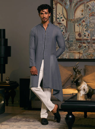 Slate Gray Blended Linen Drape Kurta by Siddartha Tytler Men, available on Indiaspopup.com