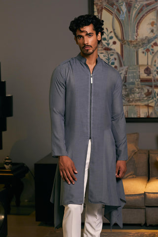 Slate Gray Blended Linen Drape Kurta by Siddartha Tytler Men, available on Indiaspopup.com