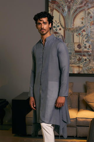 Slate Gray Blended Linen Drape Kurta by Siddartha Tytler Men, available on Indiaspopup.com