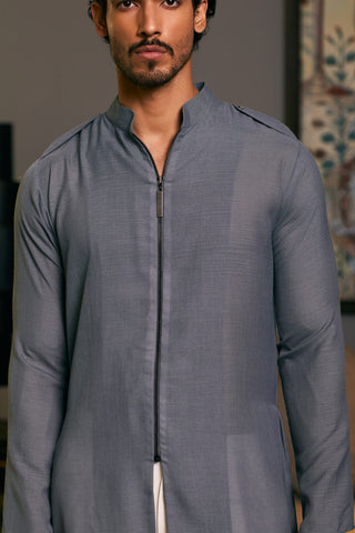 Slate Gray Blended Linen Drape Kurta by Siddartha Tytler Men, available on Indiaspopup.com