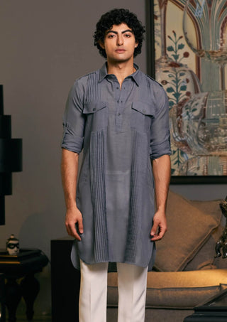 Slate Gray Blended Linen Pintuck Kurta by Siddartha Tytler Men, available on Indiaspopup.com