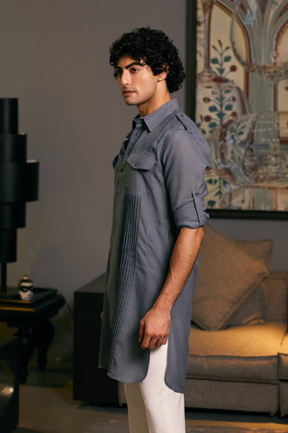 Slate Gray Blended Linen Pintuck Kurta by Siddartha Tytler Men, available on Indiaspopup.com