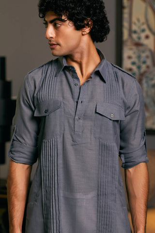 Slate Gray Blended Linen Pintuck Kurta by Siddartha Tytler Men, available on Indiaspopup.com