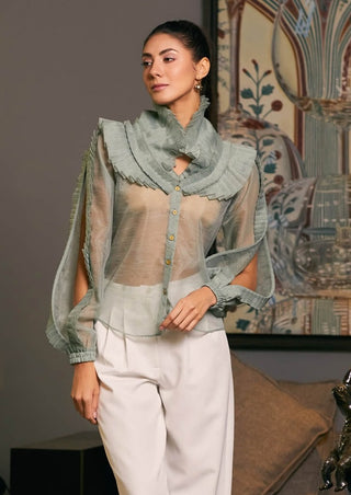 Moss Green Textured Victorian Collar Shirt by Siddartha Tytler, available on Indiaspopup.com