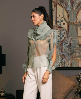 Moss Green Textured Victorian Collar Shirt by Siddartha Tytler, available on Indiaspopup.com