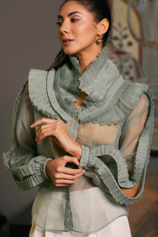 Moss Green Textured Victorian Collar Shirt by Siddartha Tytler, available on Indiaspopup.com