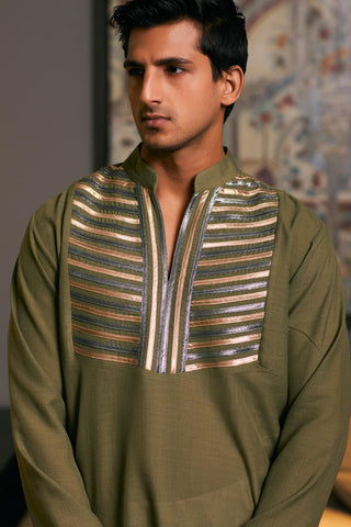 Olive Metallic Strip Kurta by Siddartha Tytler Men, available on Indiaspopup.com