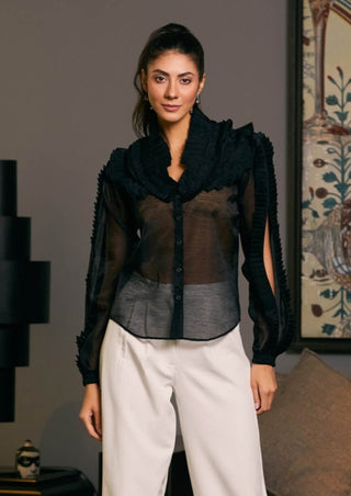 Black Textured Victorian Collar Shirt by Siddartha Tytler, available on Indiaspopup.com