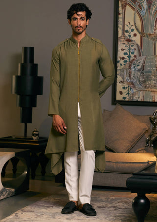 Olive Blended Linen Drape Kurta by Siddartha Tytler Men, available on Indiaspopup.com