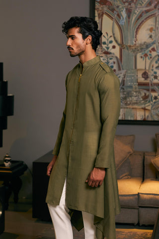 Olive Blended Linen Drape Kurta by Siddartha Tytler Men, available on Indiaspopup.com