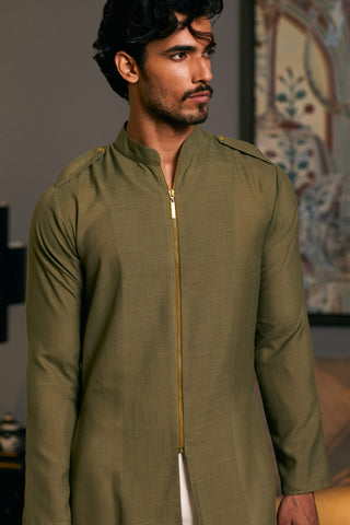 Olive Blended Linen Drape Kurta by Siddartha Tytler Men, available on Indiaspopup.com