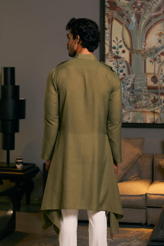 Olive Blended Linen Drape Kurta by Siddartha Tytler Men, available on Indiaspopup.com