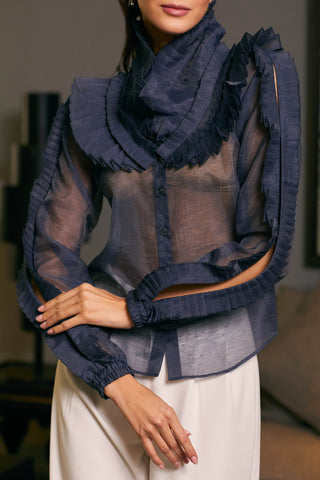 Navy Blue Textured Victorian Collar Shirt by Siddartha Tytler, available on Indiaspopup.com