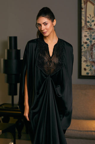 Black Lycra Satin Draped Kaftan by Siddartha Tytler, available on Indiaspopup.com