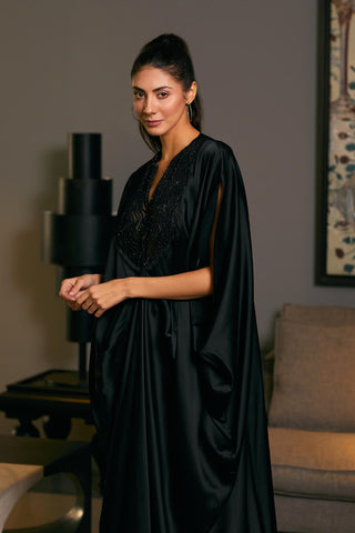 Black Lycra Satin Draped Kaftan by Siddartha Tytler, available on Indiaspopup.com