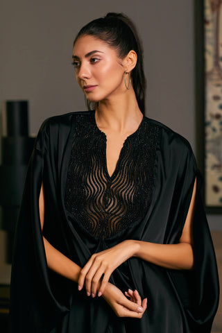 Black Lycra Satin Draped Kaftan by Siddartha Tytler, available on Indiaspopup.com