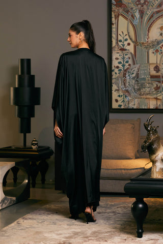 Black Lycra Satin Draped Kaftan by Siddartha Tytler, available on Indiaspopup.com