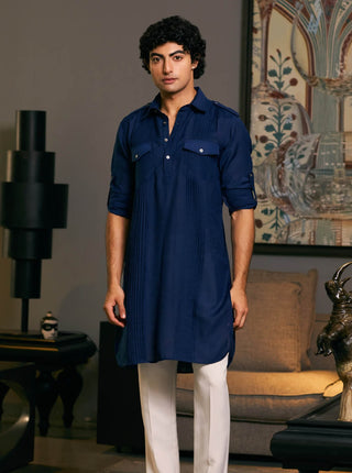 Midnight Blue Blended Linen Pintuck Kurta by Siddartha Tytler Men, available on Indiaspopup.com