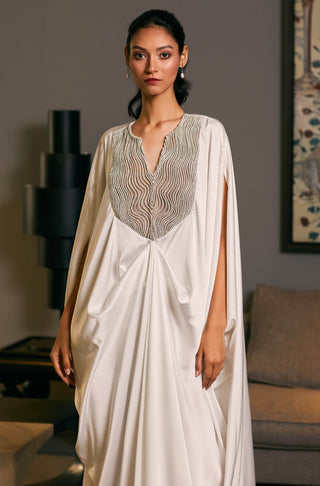 White Lycra Satin Draped Kaftan by Siddartha Tytler, available on Indiaspopup.com