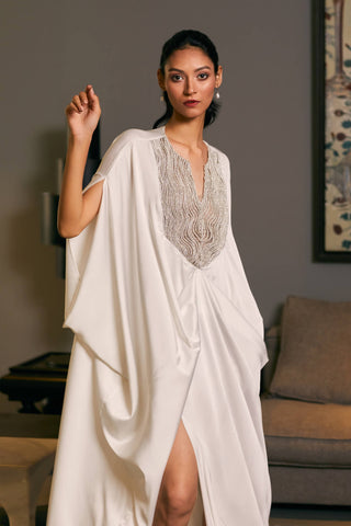 White Lycra Satin Draped Kaftan by Siddartha Tytler, available on Indiaspopup.com