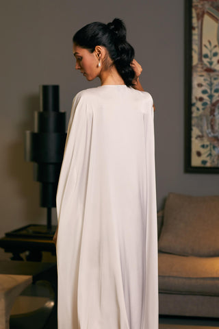 White Lycra Satin Draped Kaftan by Siddartha Tytler, available on Indiaspopup.com