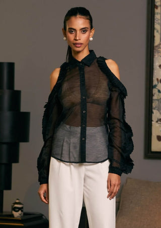 Black Textured Cold Shoulder Shirt by Siddartha Tytler, available on Indiaspopup.com