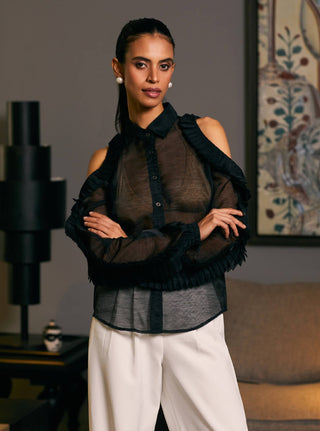 Black Textured Cold Shoulder Shirt by Siddartha Tytler, available on Indiaspopup.com