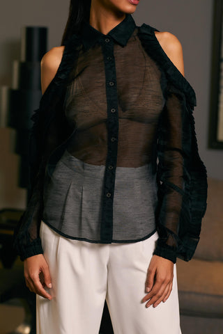 Black Textured Cold Shoulder Shirt by Siddartha Tytler, available on Indiaspopup.com