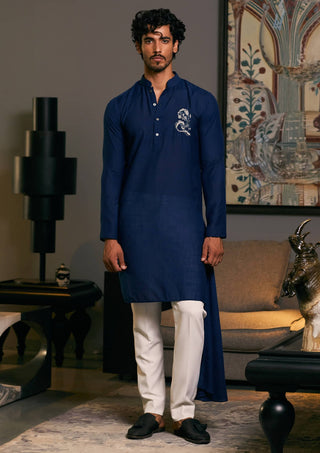 Midnight Blue Asymmetric Drape Kurta by Siddartha Tytler Men, available on Indiaspopup.com