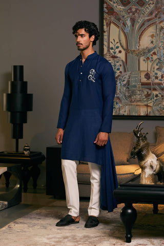 Midnight Blue Asymmetric Drape Kurta by Siddartha Tytler Men, available on Indiaspopup.com