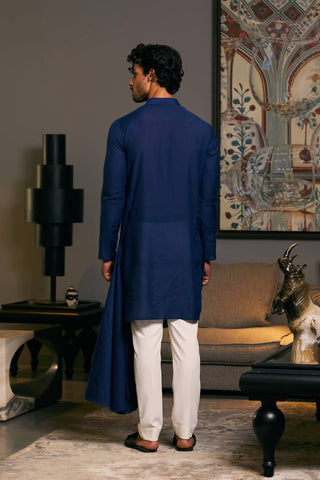 Midnight Blue Asymmetric Drape Kurta by Siddartha Tytler Men, available on Indiaspopup.com