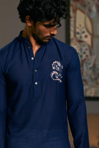 Midnight Blue Asymmetric Drape Kurta by Siddartha Tytler Men, available on Indiaspopup.com