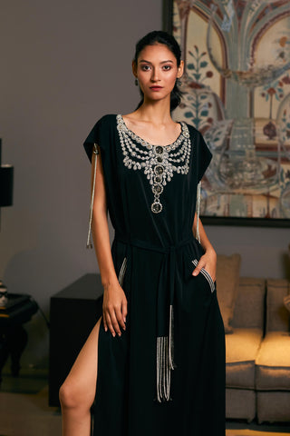 Black Embroidered Belted Kaftan by Siddartha Tytler, available on Indiaspopup.com