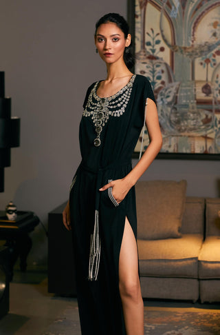 Black Embroidered Belted Kaftan by Siddartha Tytler, available on Indiaspopup.com