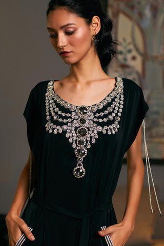 Black Embroidered Belted Kaftan by Siddartha Tytler, available on Indiaspopup.com