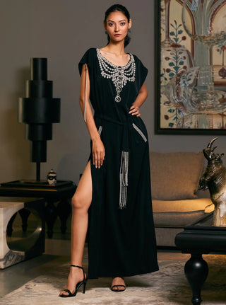 Black Embroidered Belted Kaftan by Siddartha Tytler, available on Indiaspopup.com