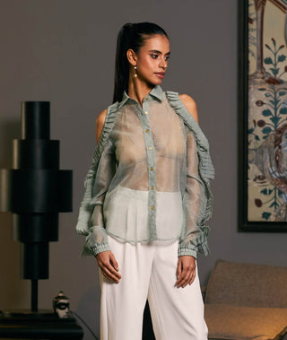 Moss Green Textured Cold Shoulder Shirt by Siddartha Tytler, available on Indiaspopup.com