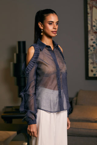 Navy Blue Textured Cold Shoulder Shirt by Siddartha Tytler, available on Indiaspopup.com