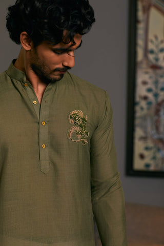 Olive Green Asymmetric Drape Kurta by Siddartha Tytler Men, available on Indiaspopup.com