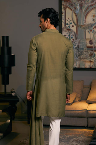 Olive Green Asymmetric Drape Kurta by Siddartha Tytler Men, available on Indiaspopup.com