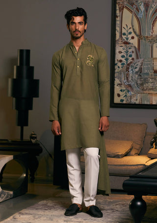 Olive Green Asymmetric Drape Kurta by Siddartha Tytler Men, available on Indiaspopup.com