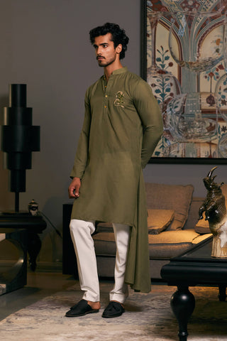 Olive Green Asymmetric Drape Kurta by Siddartha Tytler Men, available on Indiaspopup.com