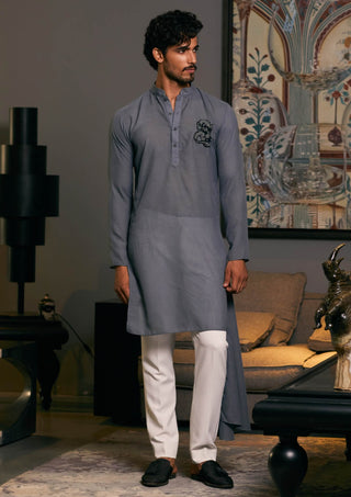 Slate Gray Asymmetric Drape Kurta by Siddartha Tytler Men, available on Indiaspopup.com