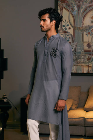 Slate Gray Asymmetric Drape Kurta by Siddartha Tytler Men, available on Indiaspopup.com