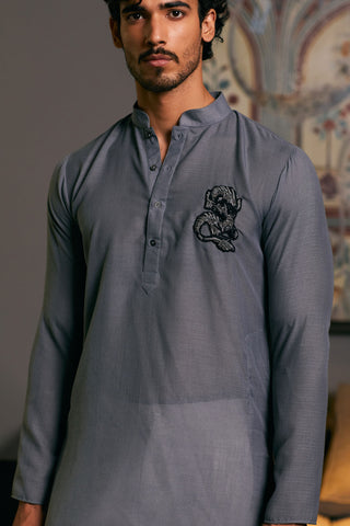 Slate Gray Asymmetric Drape Kurta by Siddartha Tytler Men, available on Indiaspopup.com