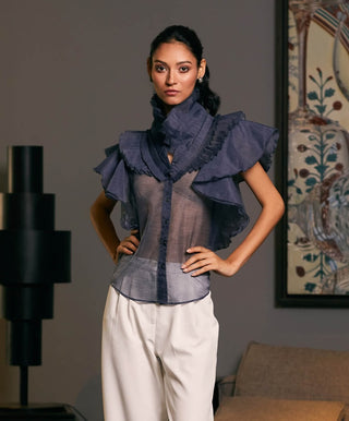 Navy Blue Victorian Cascade Shirt by Siddartha Tytler, available on Indiaspopup.com